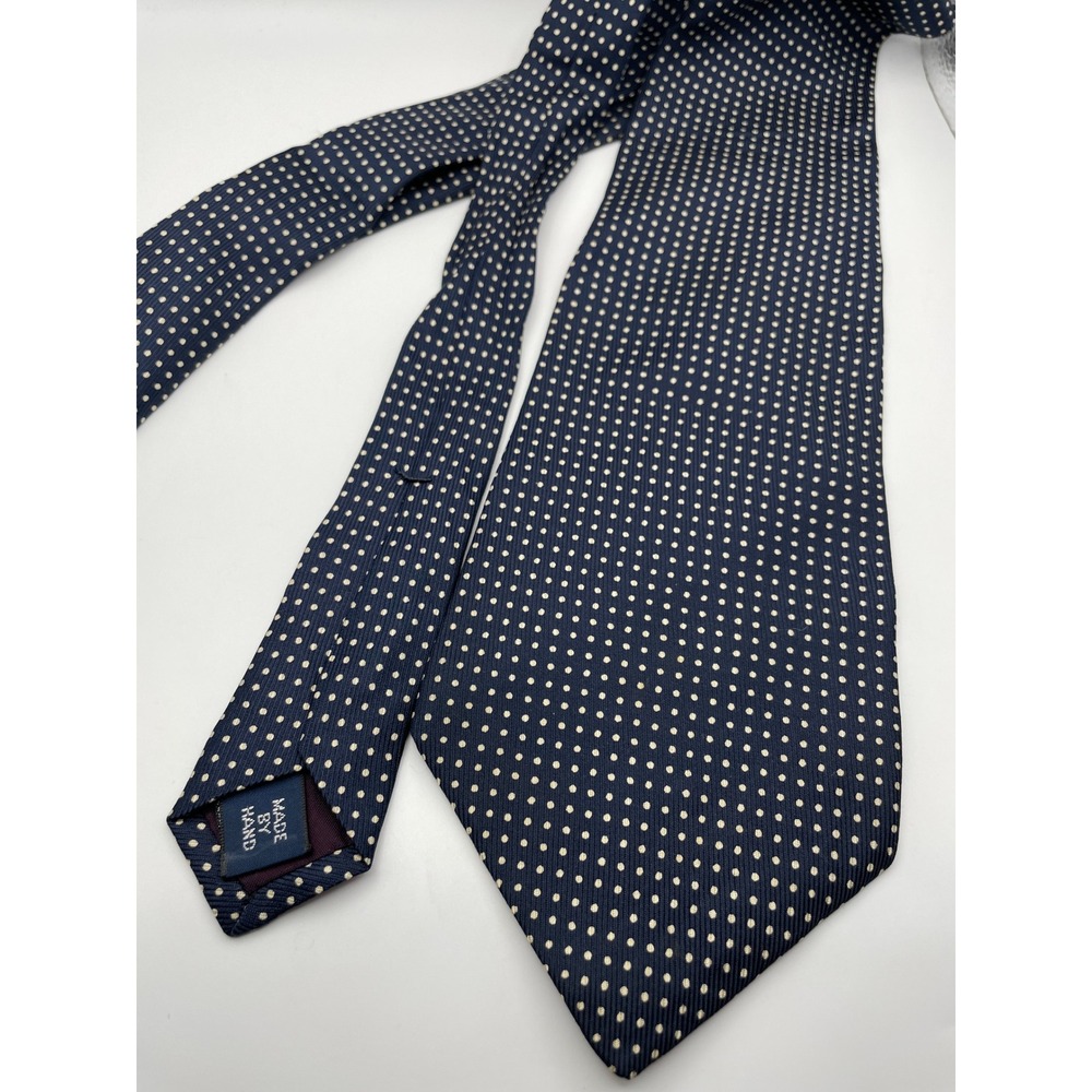 Polo Ralph Lauren Navy Blue White Pin Dot Silk Necktie Made by Hand USA Classic